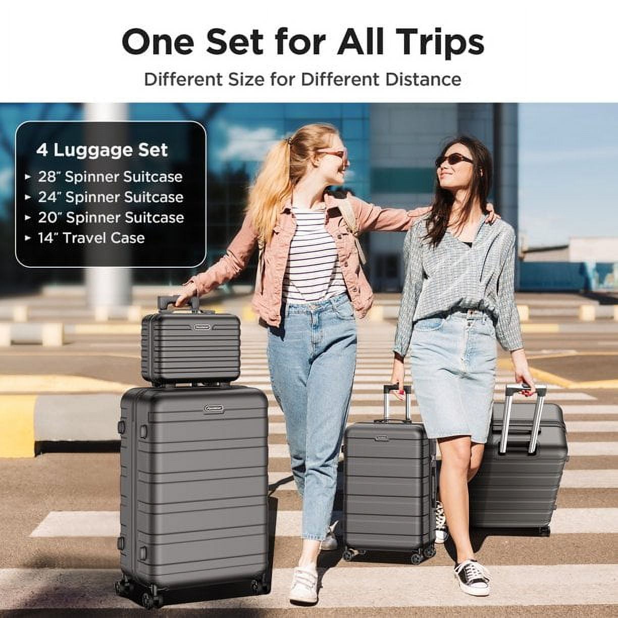 MAJUNES 4Pcs Luggage Sets, Clearance Hardside Suitcase Set with Spinner Wheels & TSA Lock, Lightweight Carry On Luggage Checked Luggage Travel Case, Packing Cubes,14"/20''/24'/28', Black