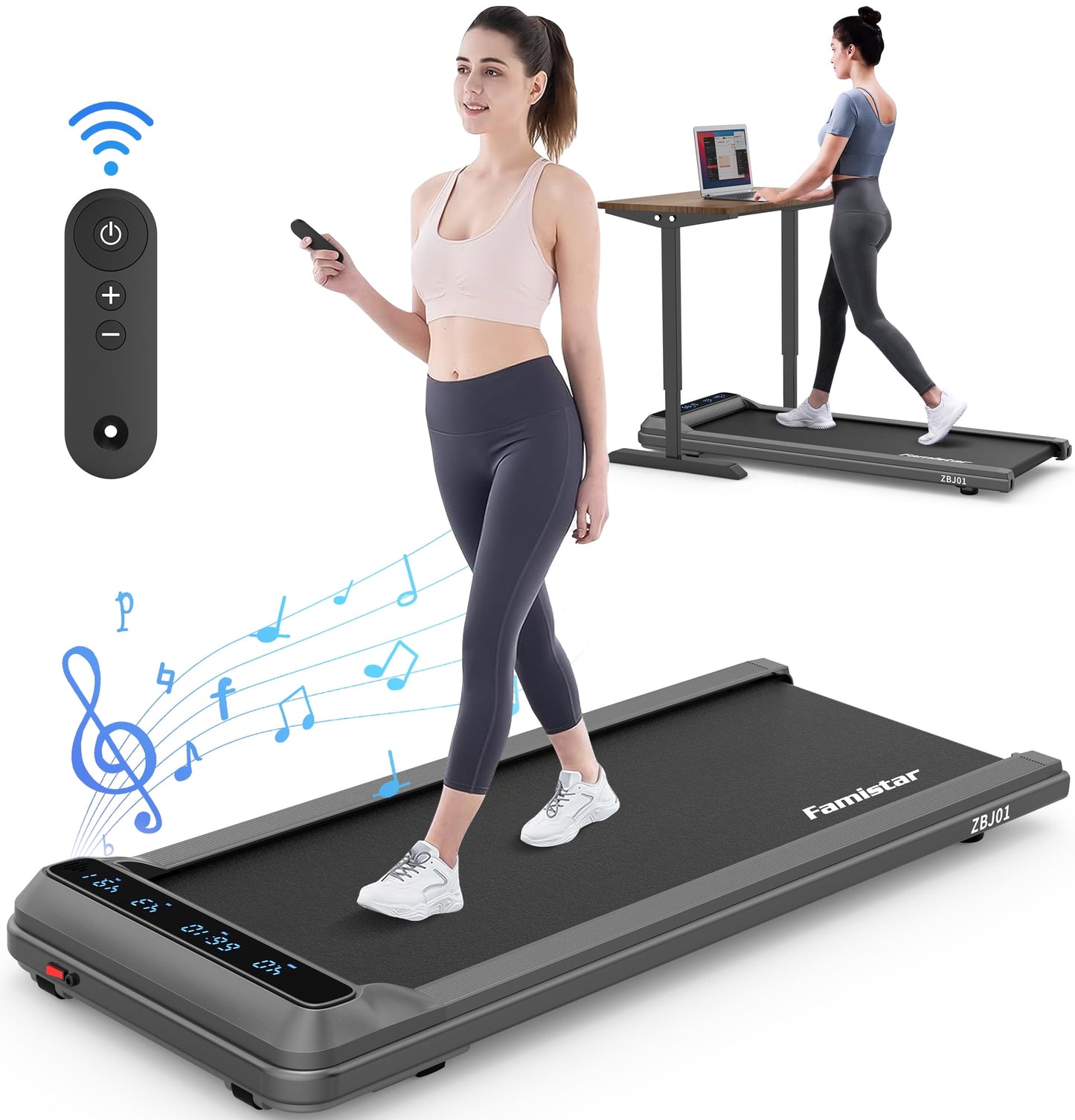 Famistar Walking Pad, 45*16 Walking Area Under Desk Treadmill for Home/Office, 2-in-1 Portable Walking Pad Running Treadmill with HiFi Bluetooth Speaker, Remote Control, 4 Individual Display Windows