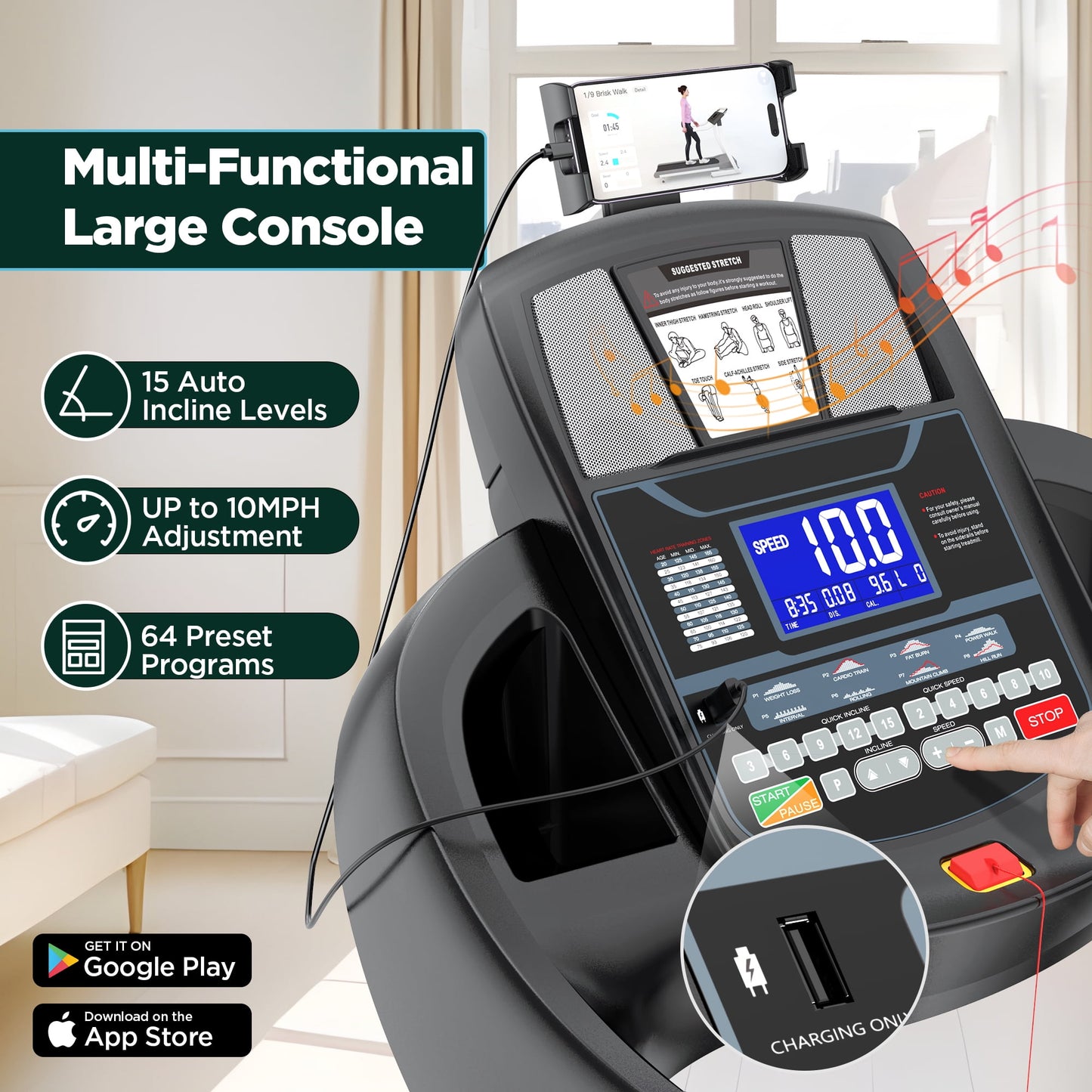 FaayFian Treadmills for Home, 4.75HP Quiet Brushless Folding Treadmill with Auto Incline, Dual Cushion System,Treadmill 300lb Capacity w/Holder for Cup & Phone, 64+3+3+1 Programs, Knee Gift