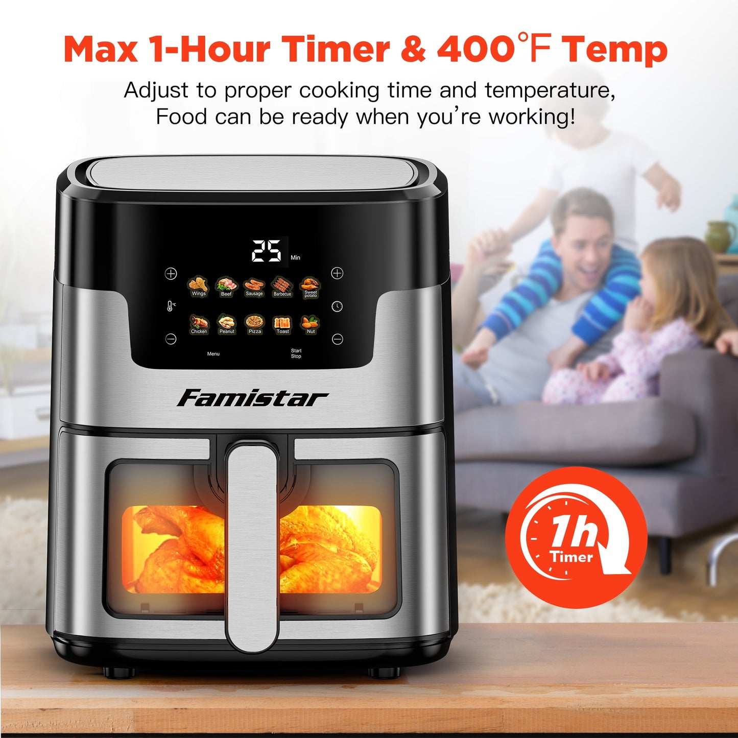 7.5QT Air Fryer, 10 in 1 Touch Screen Portable Air Fryer, Visible Window, 1350W, Dishwasher-Safe w/100 Paper Liners
