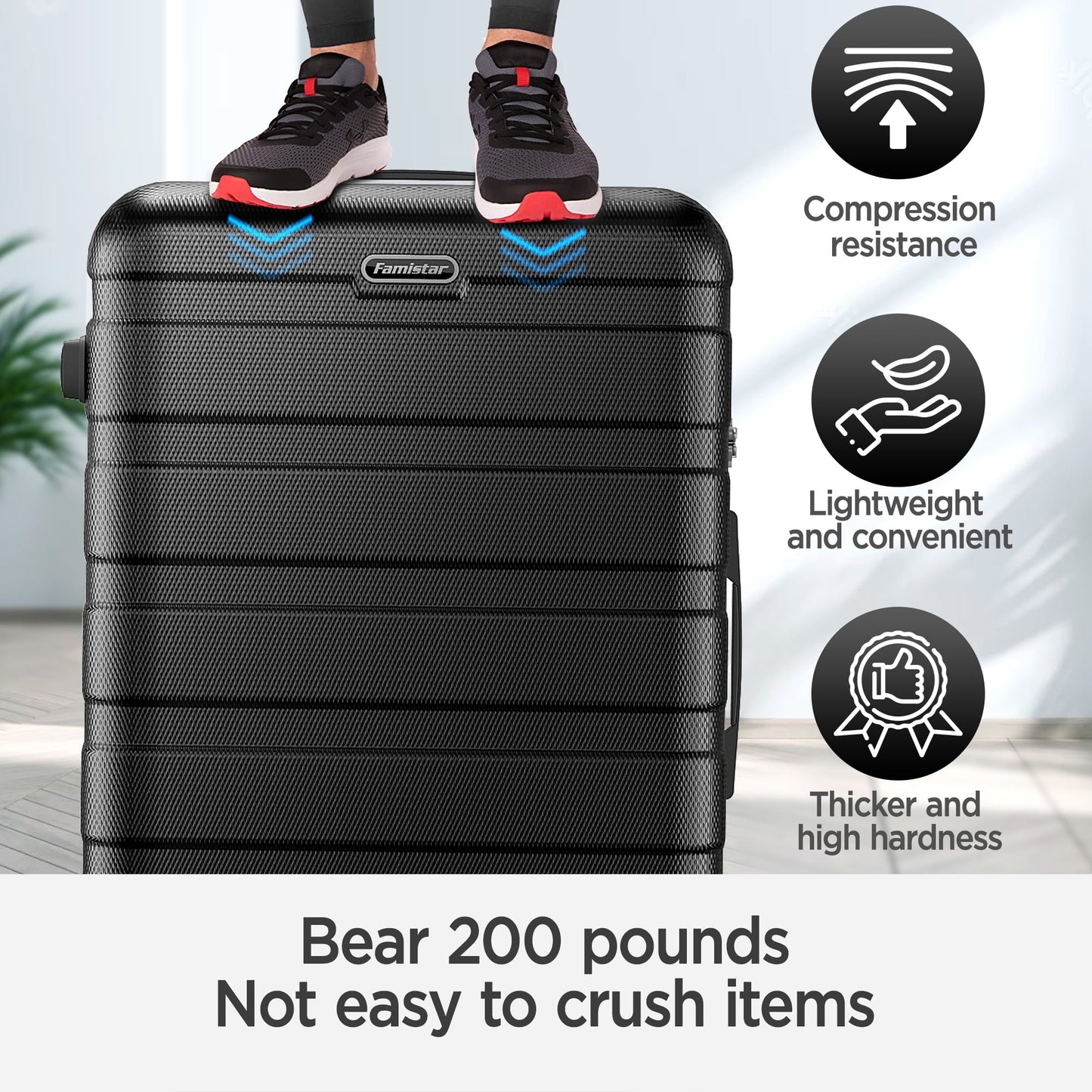 ODYAAZ Luggage Sets Expandable Lightweight Suitcases with Wheels ABS Durable Travel Checked Luggage TSA Lock Black 4pcs
