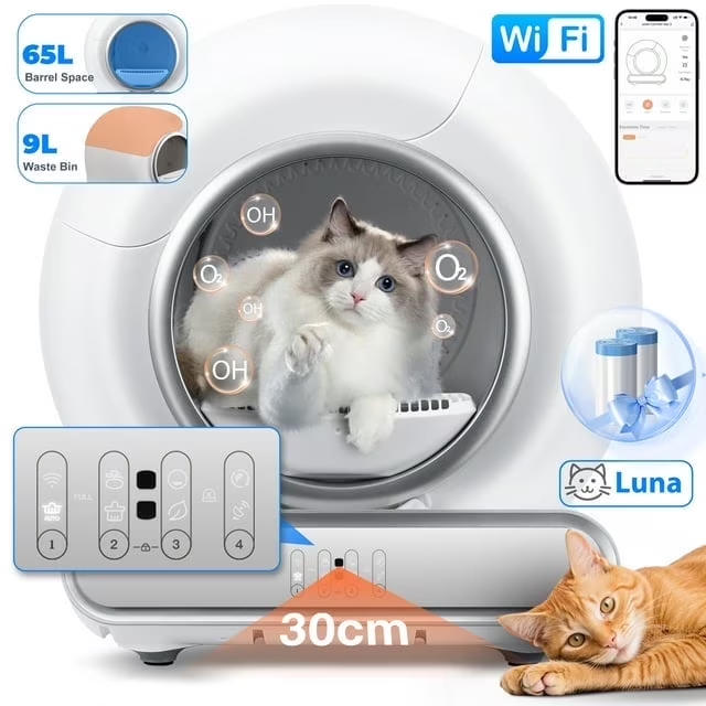 Self Cleaning Cat Litter Box, Automatic Litter Box with APP Control, Odor Removal, Safety Protection, 65L+9L Large Capacity, Litter Box with 2 Liners