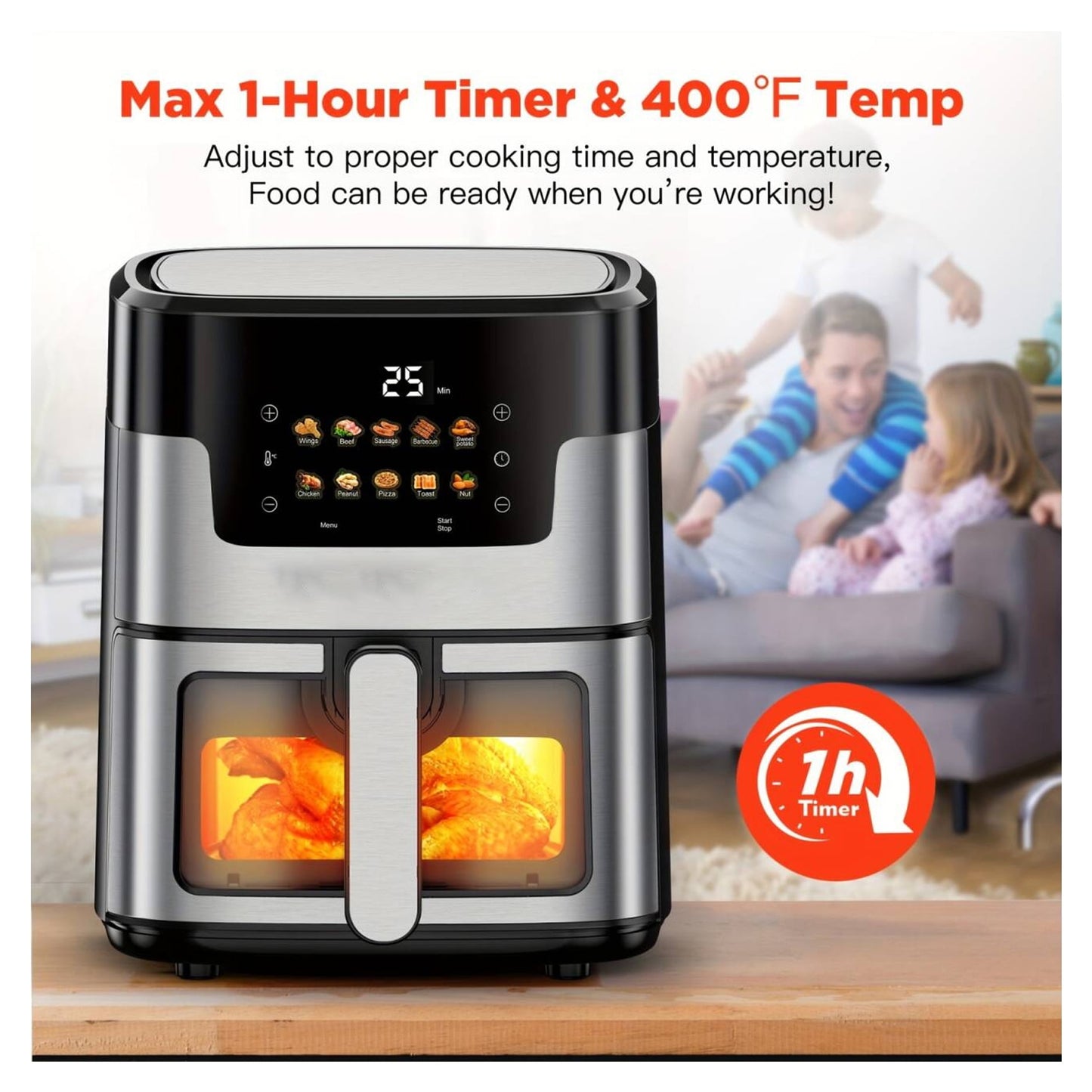 WNANEEZ Air Fryer 7.5 QT Large Capacity Digital Hot Air Oven with Window & Light, Family Size Oil-Free Air Fryer with 10 Presets, Nonstick Easy Clean Basket, 100 Liners, Black