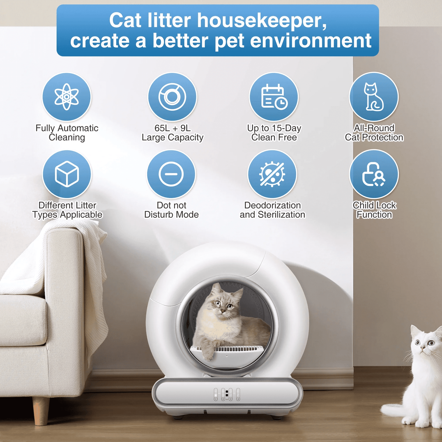 Qvamodo Smart Self-Cleaning Cat Litter Box - App-Controlled, Odor Removal, Large Capacity 65L