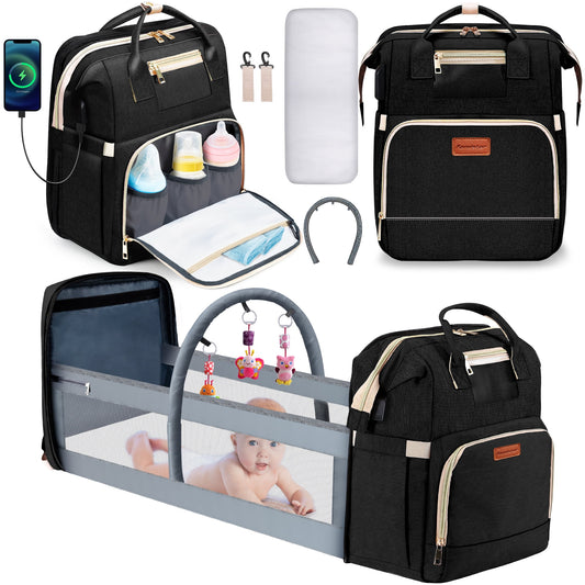 Famistar 8 in 1 Baby Diaper Bag Backpack,Unique Toy Hanging Rod Crib,Large Capacity Baby Bags with Diaper Changing Station,Waterproof Diaper Bags for Boys Girls Travel with Sunshade