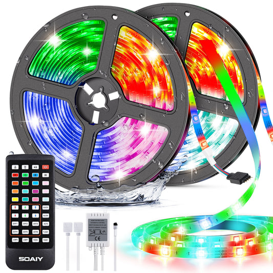 Outdoor LED Light Strips 16 Colors with Adjustable Brightness,SOAIY 32.8ft/10M DIY RGB White Color Changing,Multicolor Trimmable Tape Lights with IR Remote Control for Home Decor